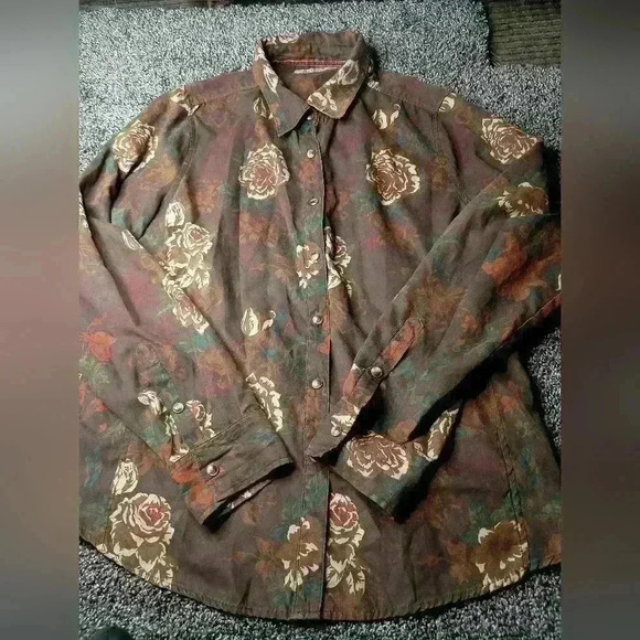 NATURAL REFLECTION fall Rich Brown Suede Floral long sleeve Button Down shirt - Picture 2 of 7